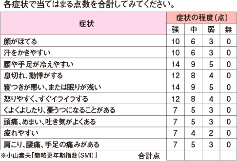 簡略更年期指数(SMI)当てはまる合計点をチェック